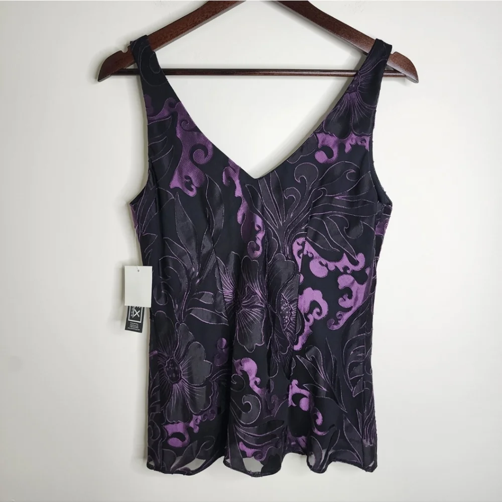 Alex Evenings Black & Purple Floral Burnout Velvet Tank Top Medium Whimsigoth